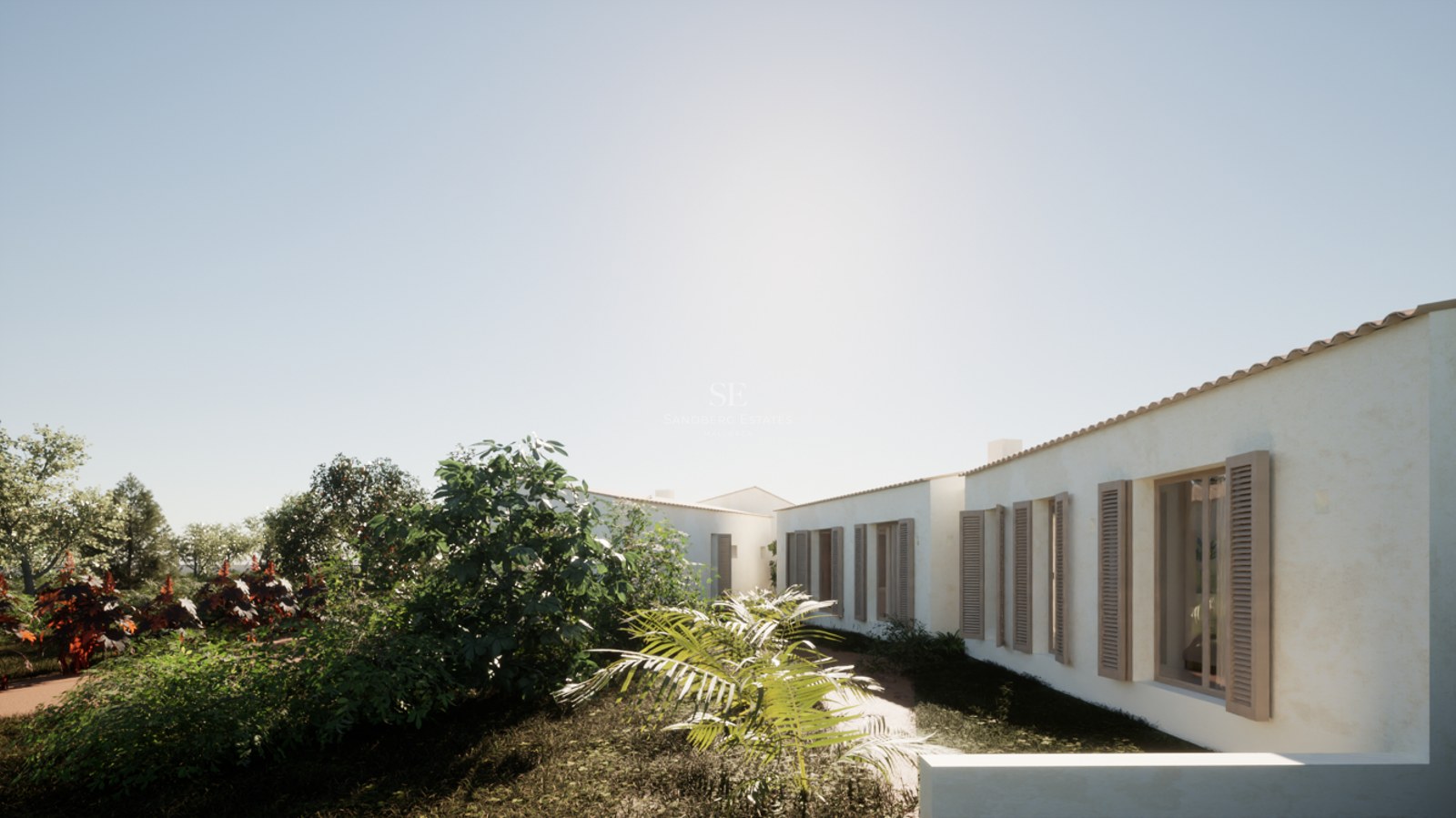 White Mediterranean villa exterior featuring wooden shutters and lush garden landscaping under a clear sky.