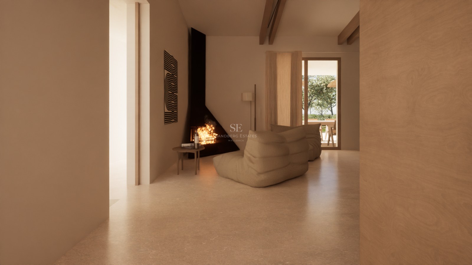 A minimalist living room featuring a black corner fireplace, beige lounge seating, and wooden ceiling beams.