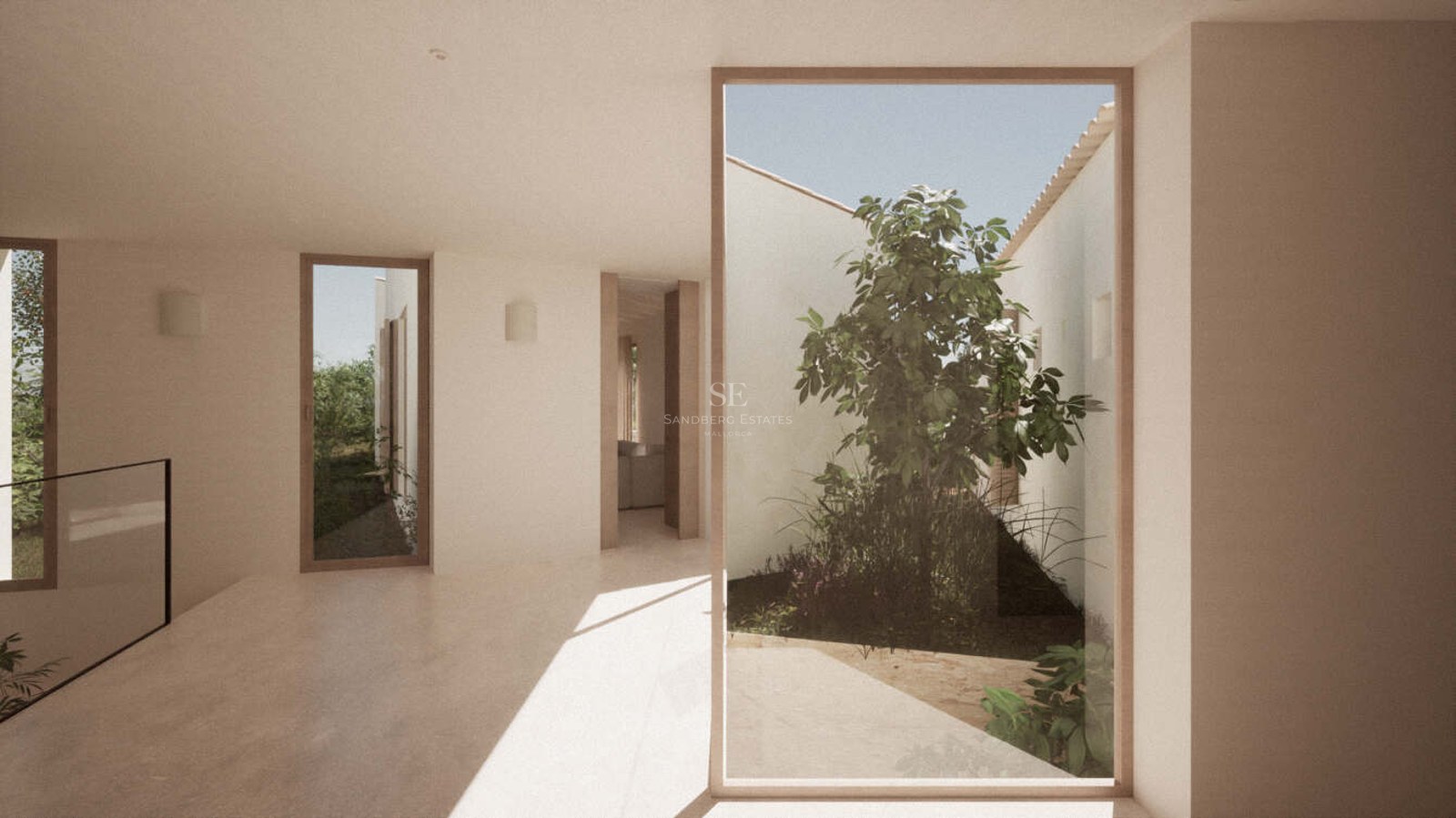 A bright, minimalist hallway with floor-to-ceiling windows overlooking a private interior courtyard with a central tree.