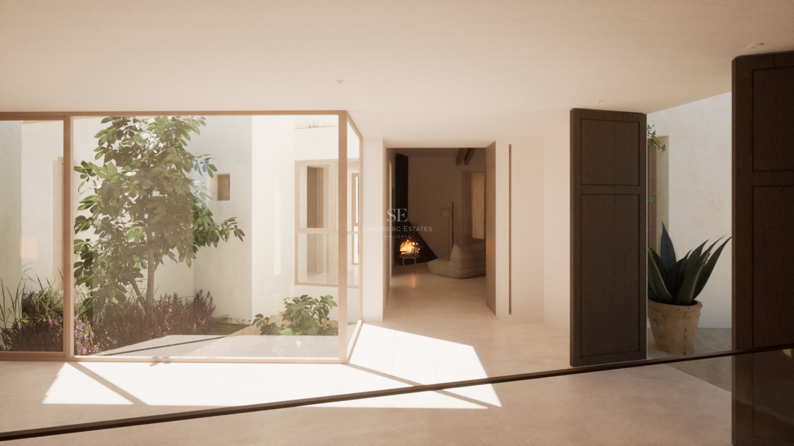 Modern interior with large glass windows looking onto a sunlit internal garden with a minimalist fireplace in the background.