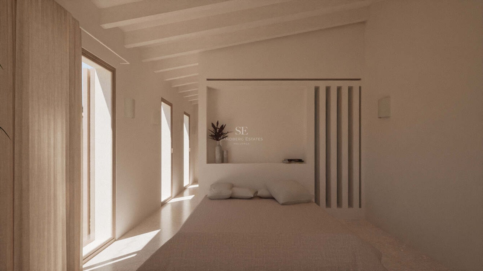 Sunlit minimalist bedroom with exposed white ceiling beams, floor-to-ceiling windows, and neutral linen bedding.