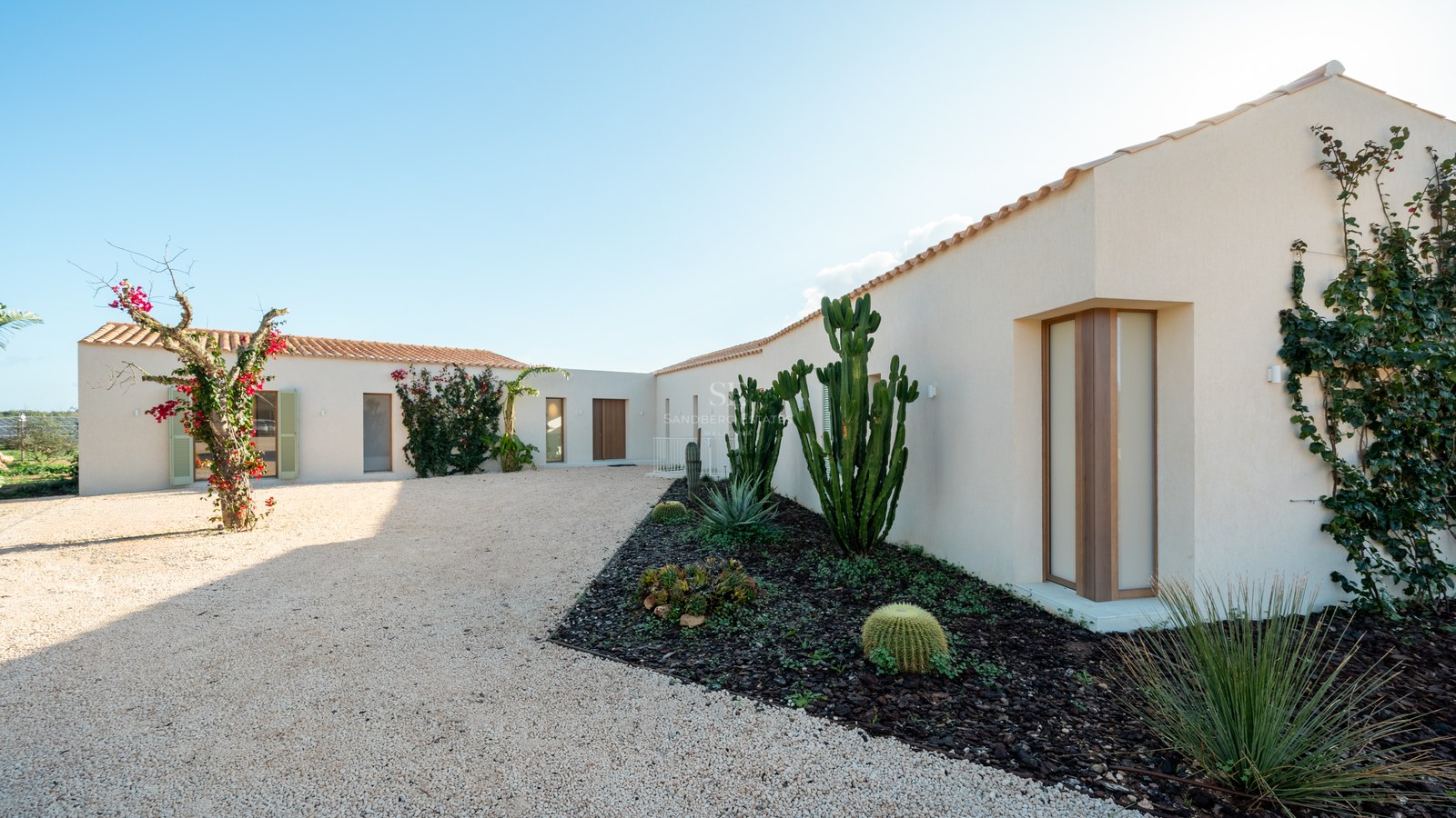 White contemporary villa with terracotta roof and a gravel courtyard featuring cacti and bougainvillea under a blue sky.