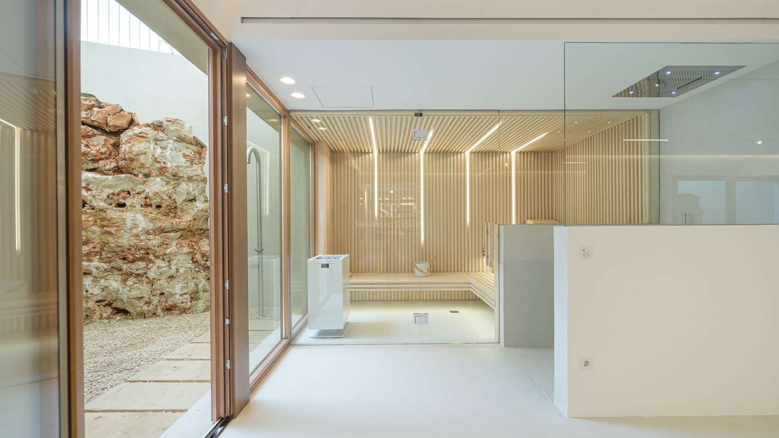 Modern wellness area featuring a slatted wood sauna, integrated shower, and views of a natural rock wall in a private courtyard.