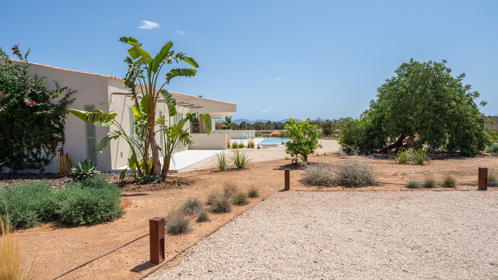 Exterior side view of a cream villa with green shutters, a gravel garden, exotic plants, and a swimming pool in the distance.