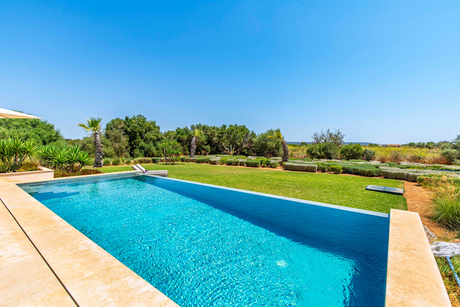 Piscine à débordement aux eaux turquoise bordée d'une pelouse verdoyante et d'arbres méditerranéens sous un ciel bleu.