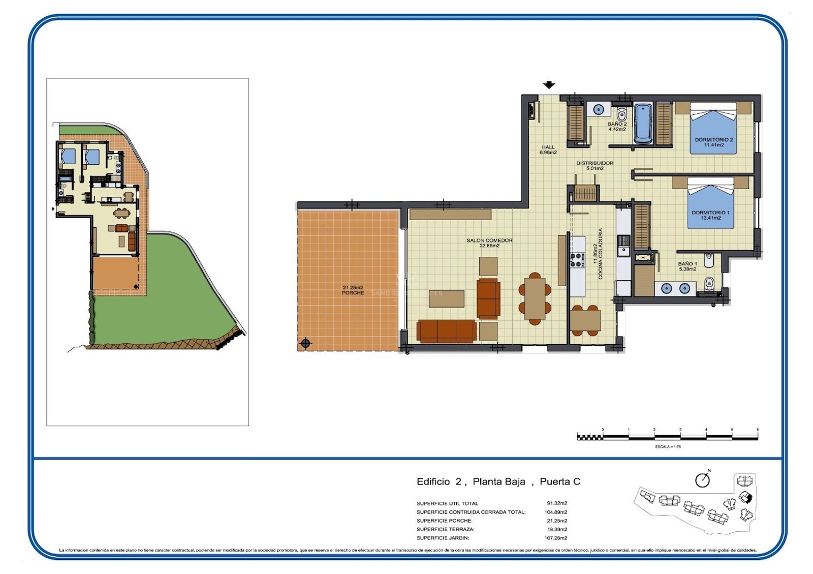 Detailed technical floor plan of a two-bedroom ground floor apartment featuring a porch and large private garden.