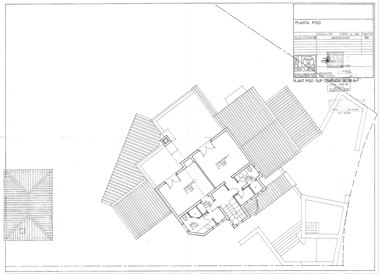Technical floor plan showing the layout of two bedrooms, two bathrooms, and terrace area on the upper floor.