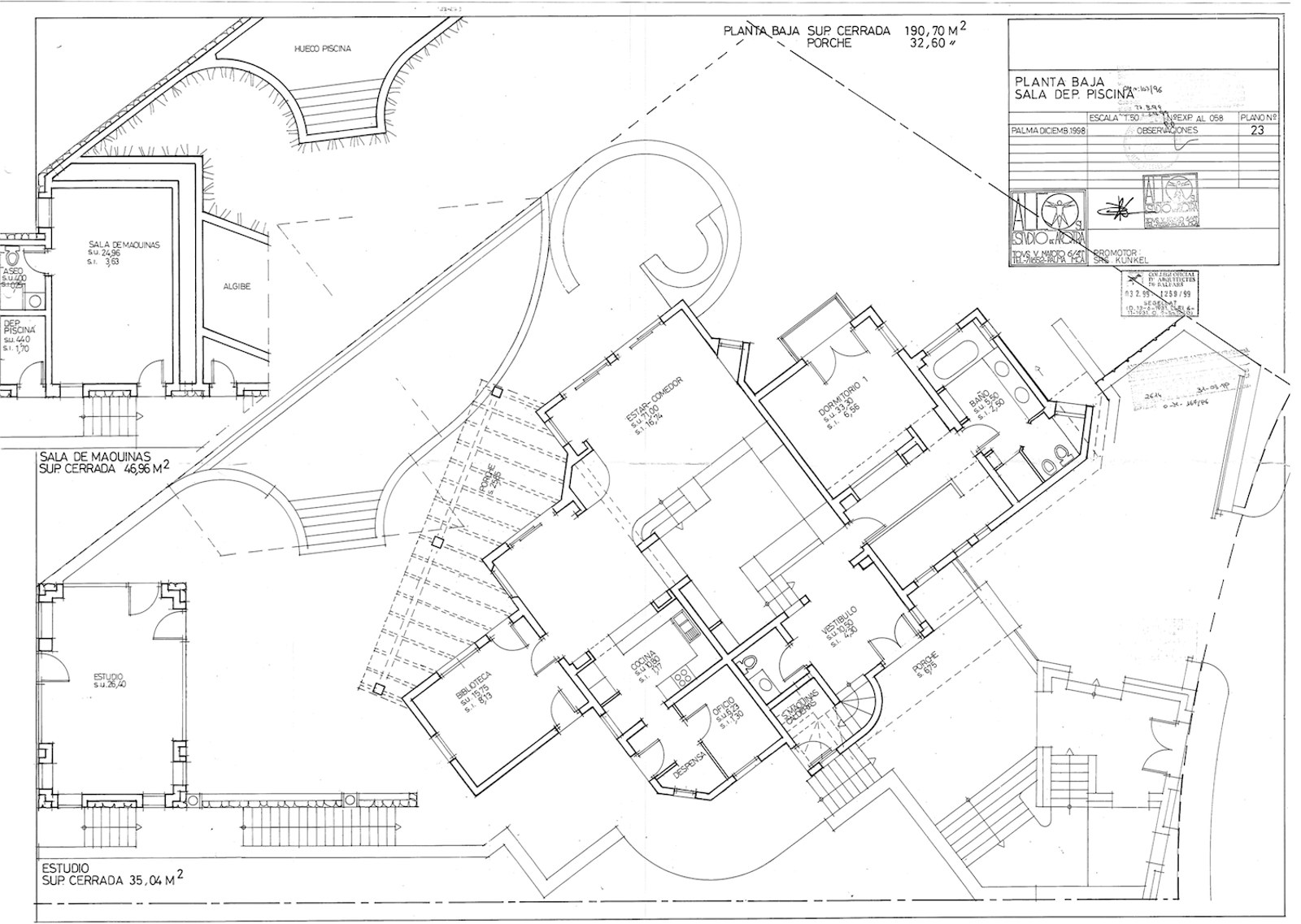 Detailed architectural floor plan showing ground floor layout, pool area, and interior living spaces.
