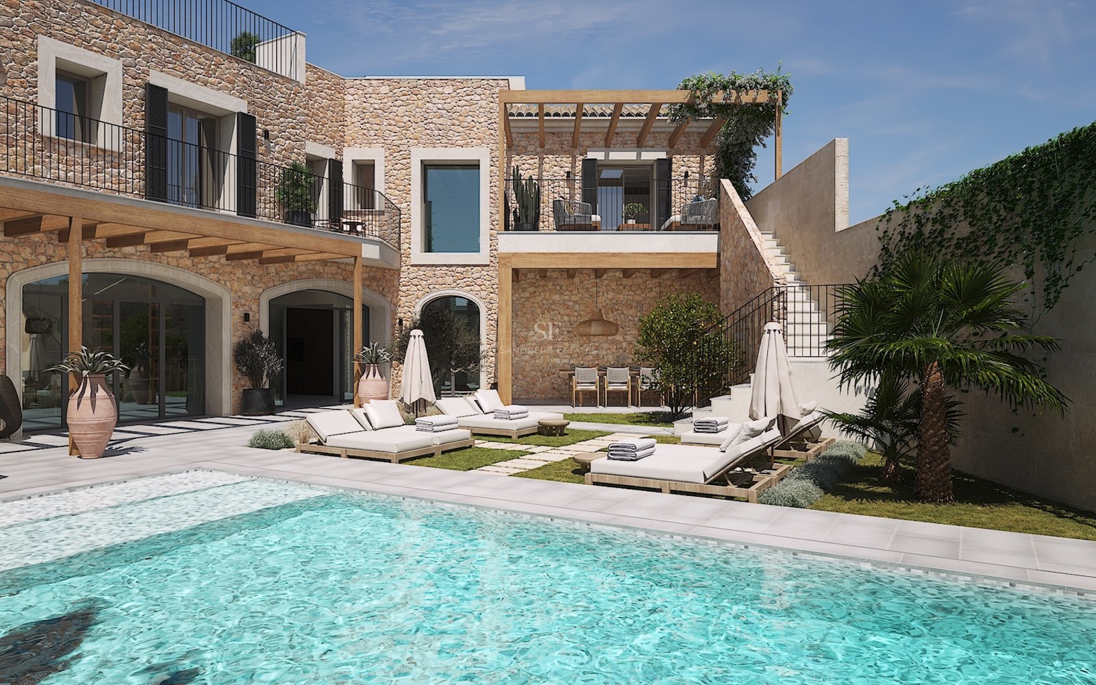 Extérieur de villa de luxe avec piscine turquoise, murs en pierre naturelle, pergolas en bois et bains de soleil.