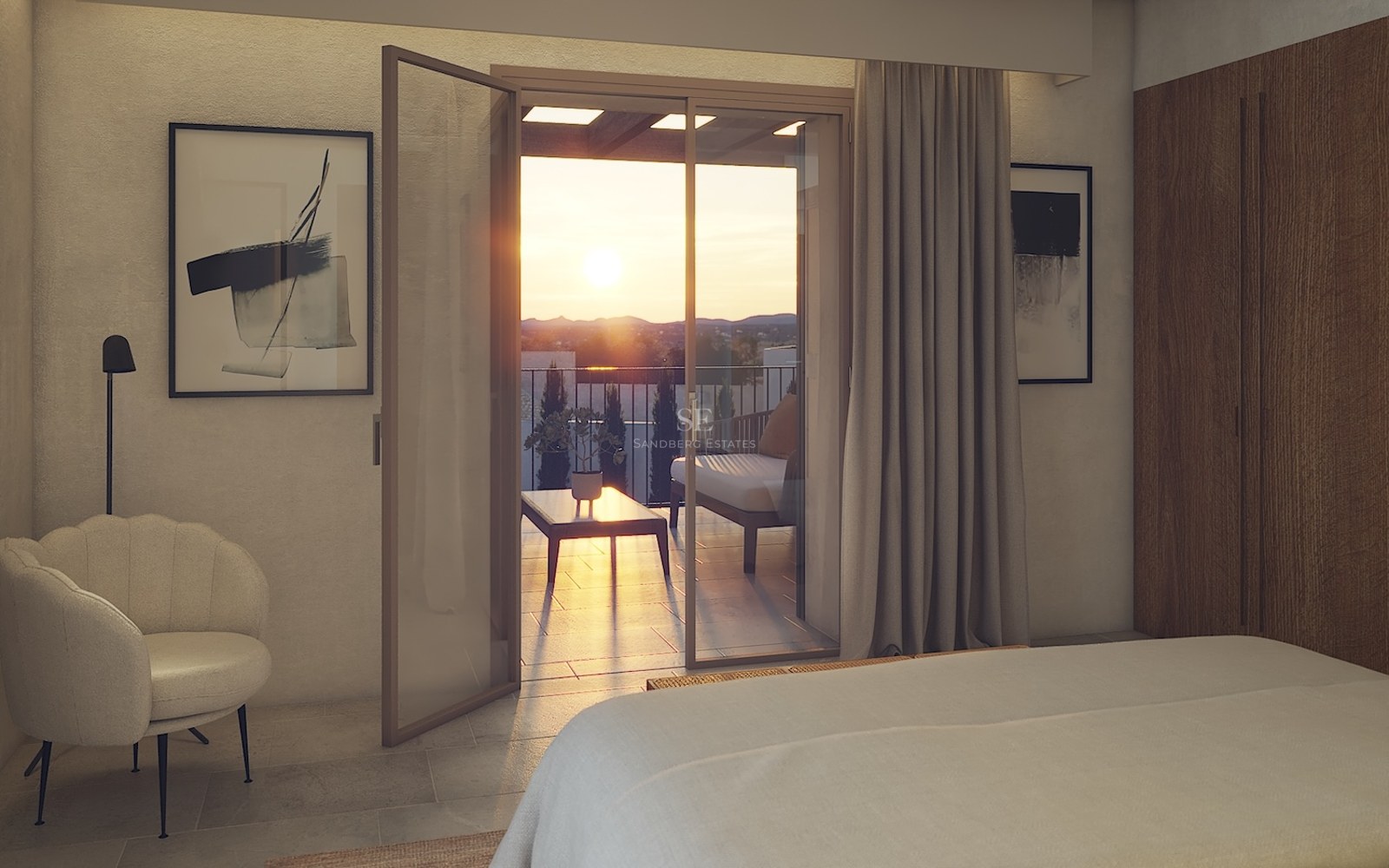 Contemporary bedroom with glass doors opening to a terrace overlooking a sunset valley.