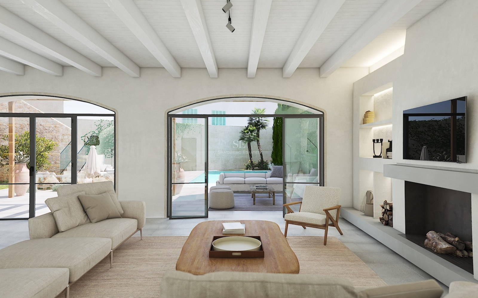 Sophisticated living area featuring white beamed ceilings, a fireplace, and arched doors leading to a private pool and terrace.