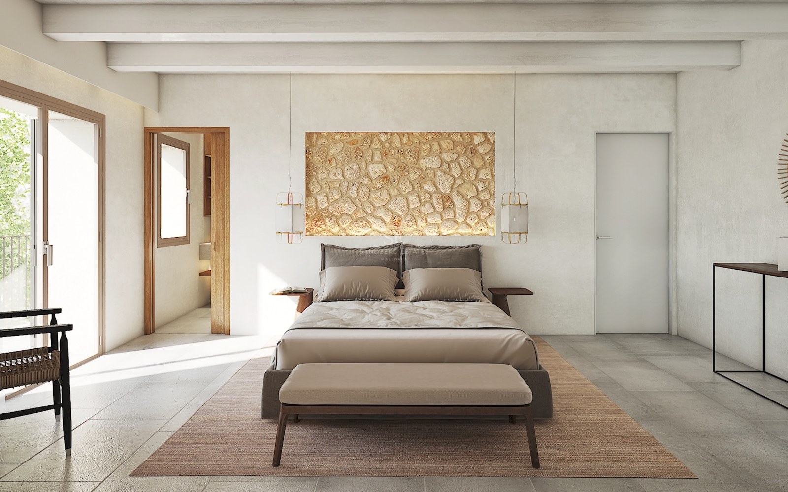 Modern master bedroom featuring a natural stone accent wall, exposed ceiling beams, and floor-to-ceiling glass doors.