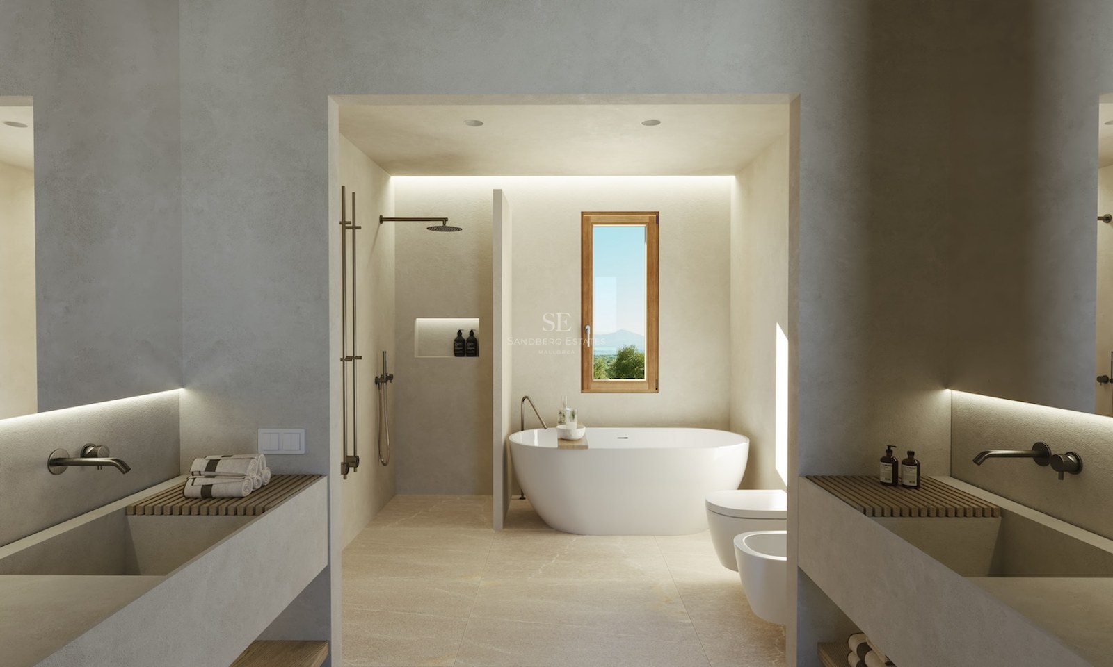 Modernes minimalistisches Badezimmer mit weißer ovaler Badewanne, begehbarer Dusche und Doppelwaschbecken.