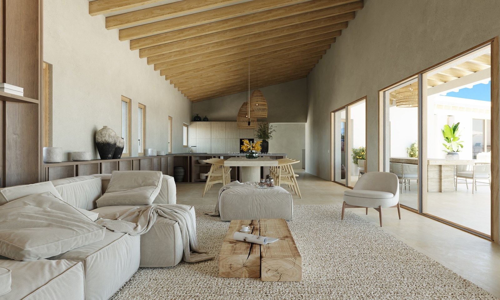 Großzügiges modernes Wohnzimmer mit hohen Holzbalkendecken, neutralen Möbeln und großen Glastüren zur Terrasse.