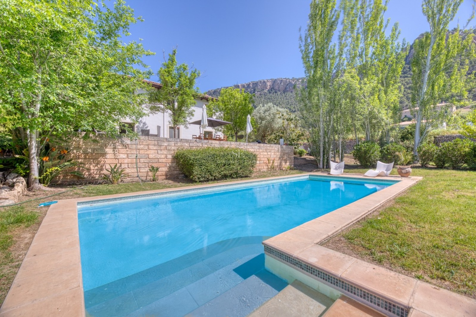 Piscine rectangulaire turquoise entourée d'une terrasse en pierre et d'un jardin avec des arbres et des montagnes.