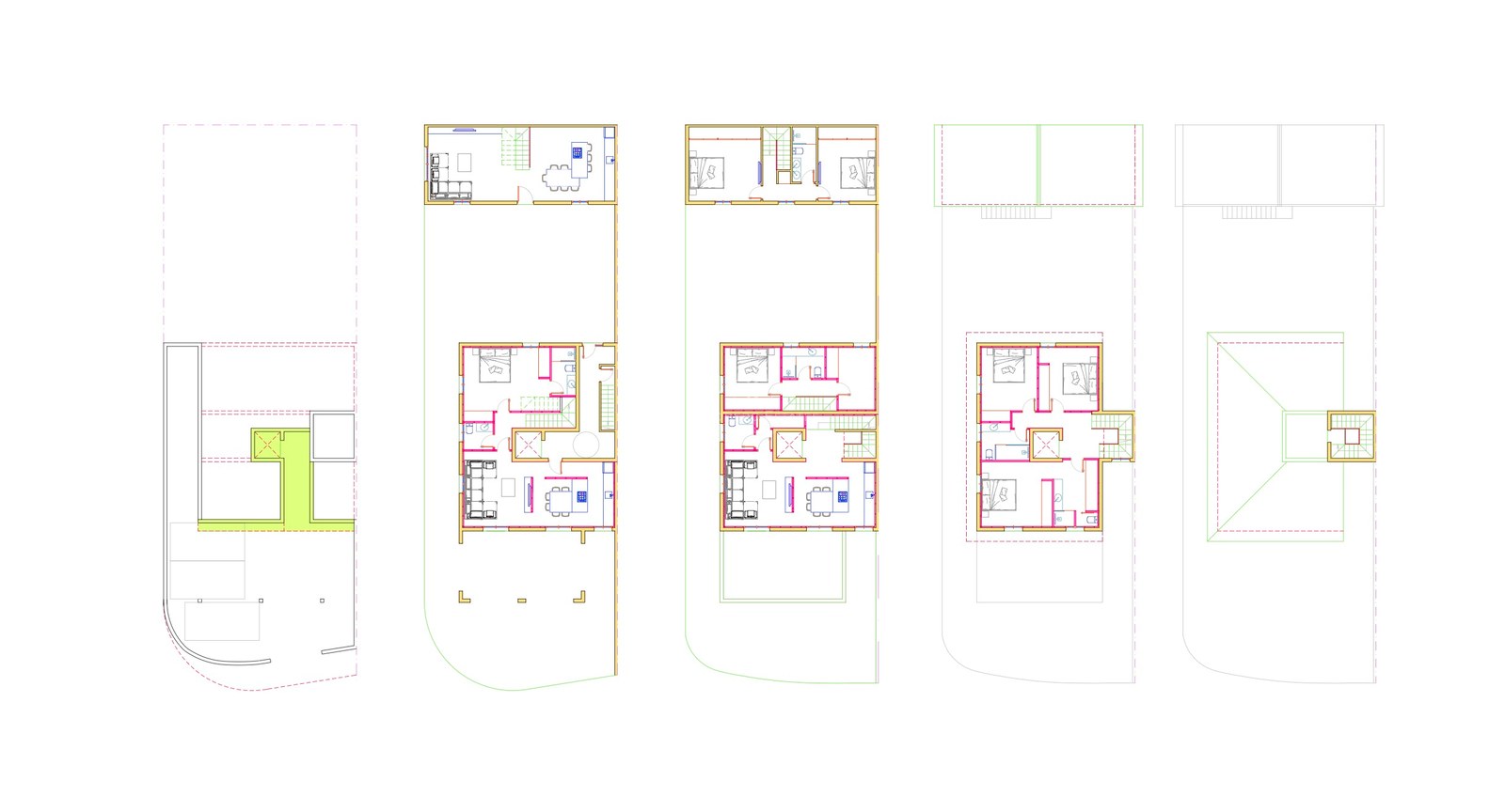 Teknisk arkitektonisk planritning som visar planlösningen för en lyxvillas olika våningsplan och trädgård.