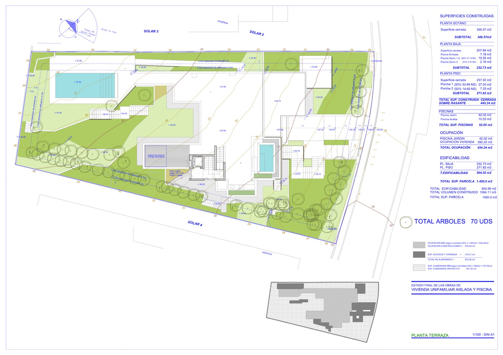 En detaljerad arkitektonisk tomtplan som visar husets fotavtryck, två pooler, trädgårdsplanering och ytmätningar.