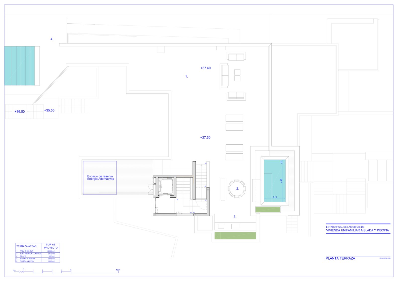 Arkitektonisk planritning av en takterrass med pool, chill-out-område, matplats och utekök.
