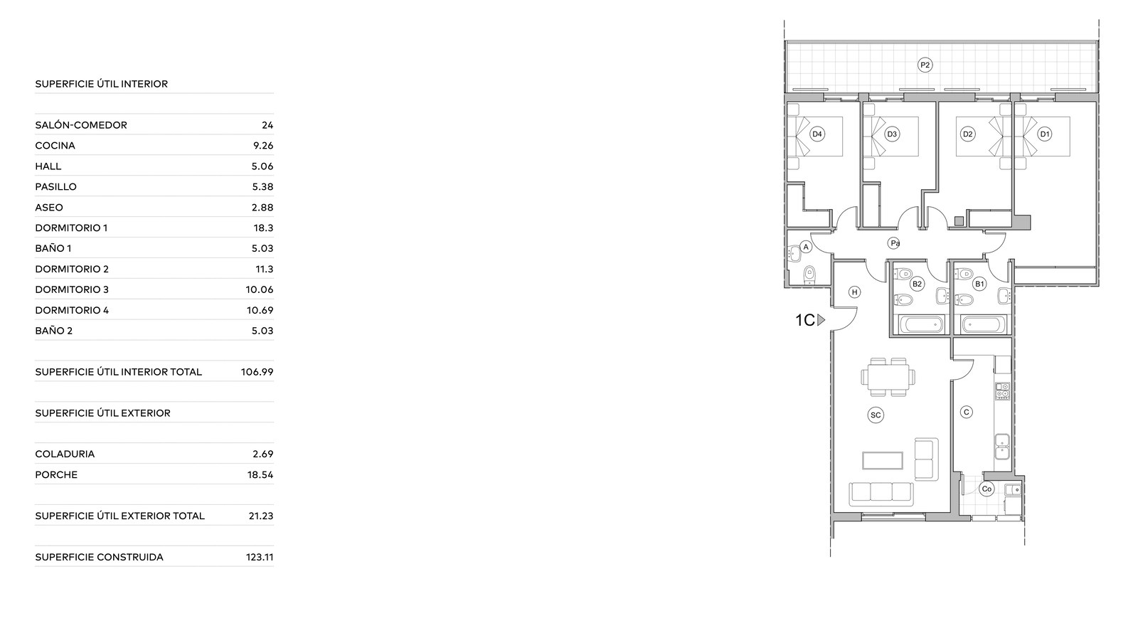 Plan d'architecte en 2D montrant la disposition de 4 chambres, salon-salle à manger, cuisine et terrasse.