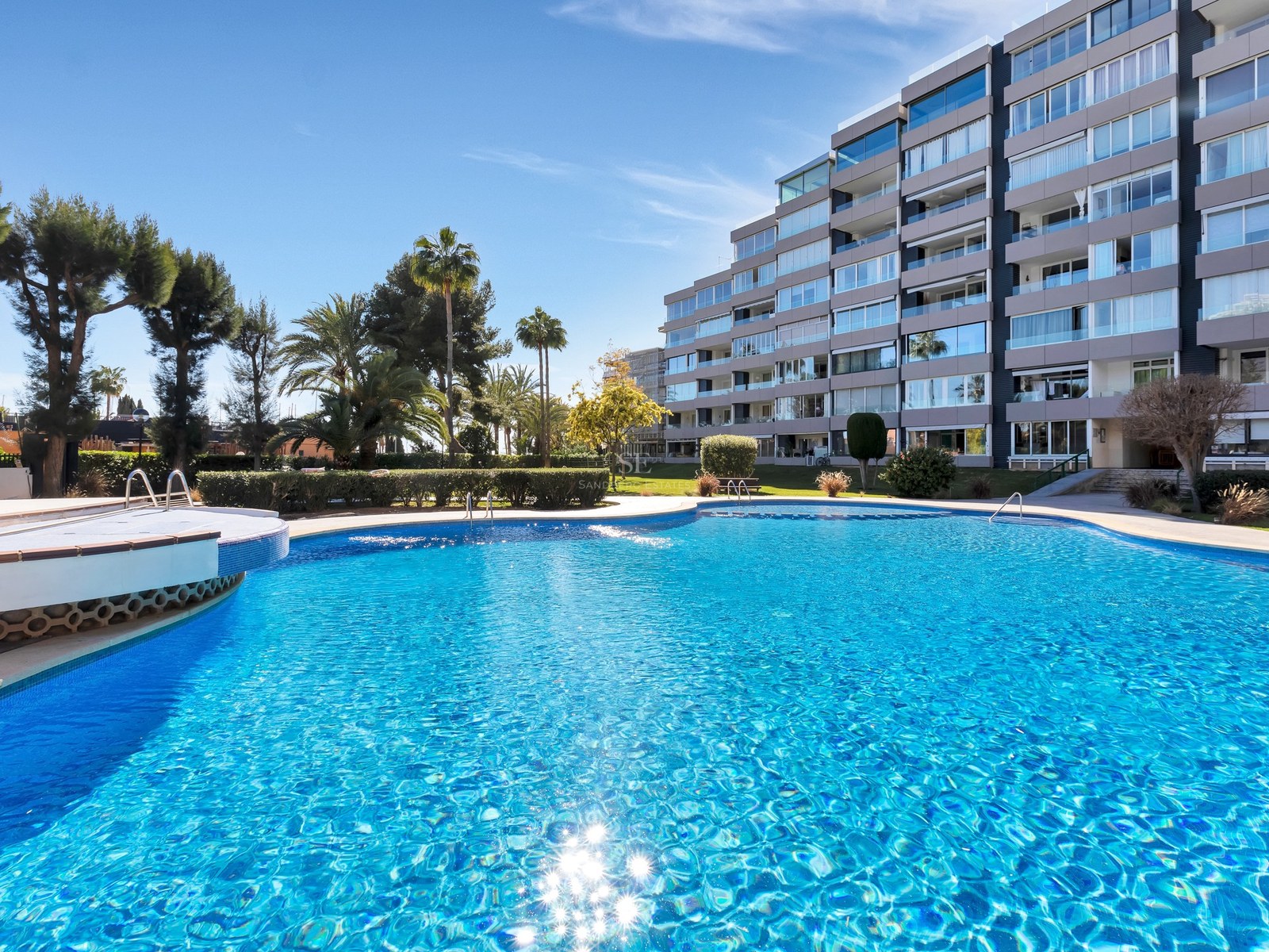 Grande piscine extérieure aux eaux bleues devant un immeuble d'appartements moderne entouré de palmiers.