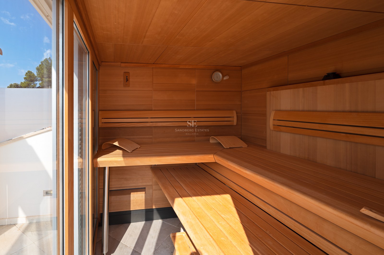 Interior view of a modern sauna featuring multi-level wooden benches and a glass door with natural light.