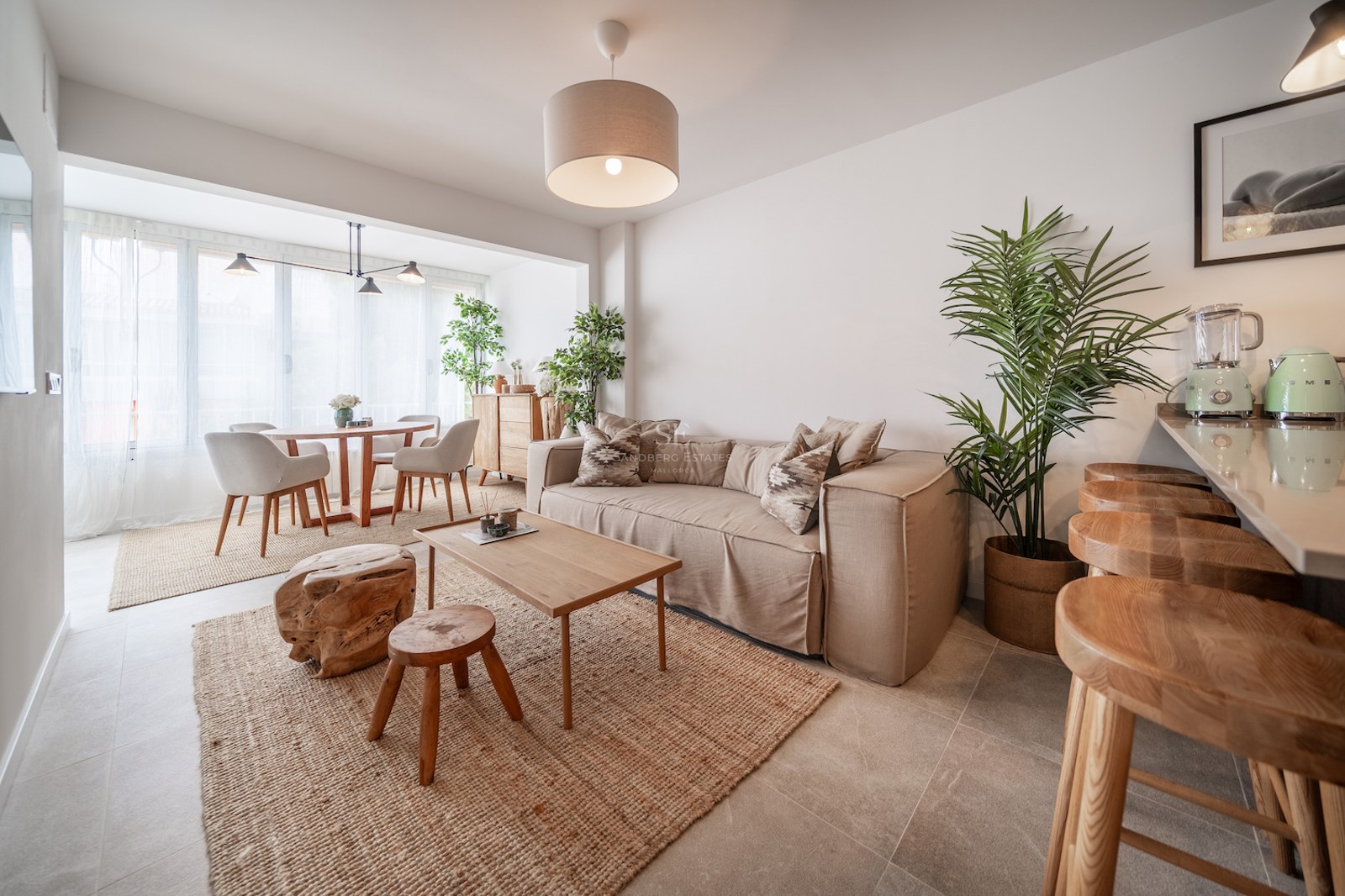 Salon moderne avec canapé beige, tapis en jute, table basse en bois et plantes d'intérieur.