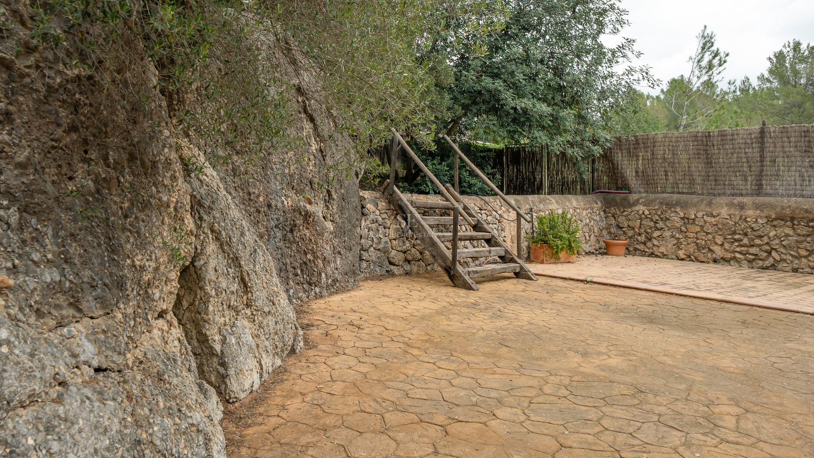 Patio extérieur rustique avec une falaise en pierre naturelle, des escaliers en bois et une végétation luxuriante.