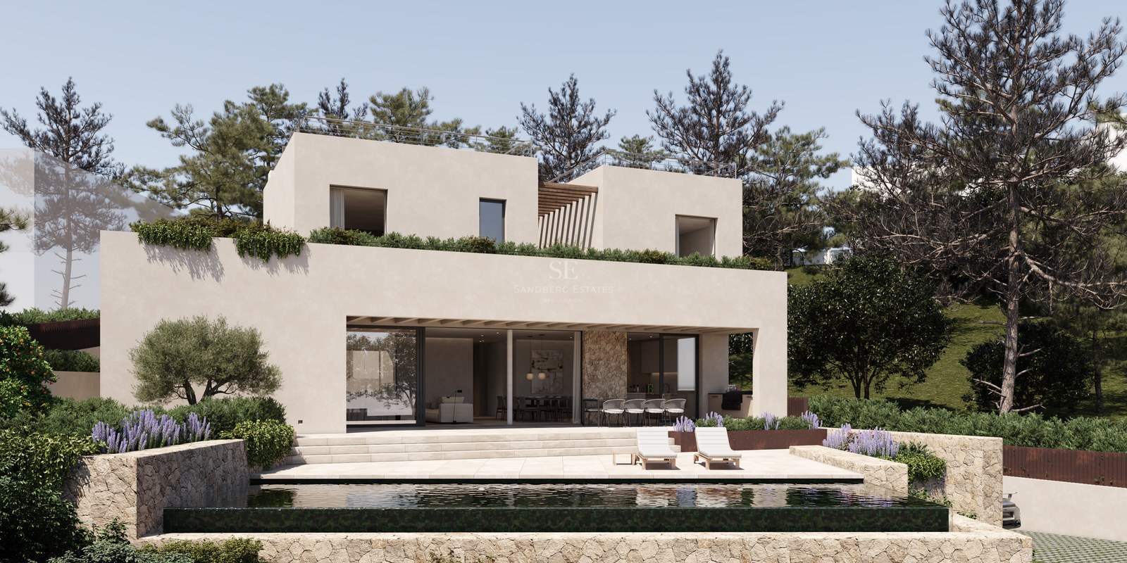 Villa moderne beige à deux étages avec piscine à débordement, murs en pierre et transats sous un ciel bleu.