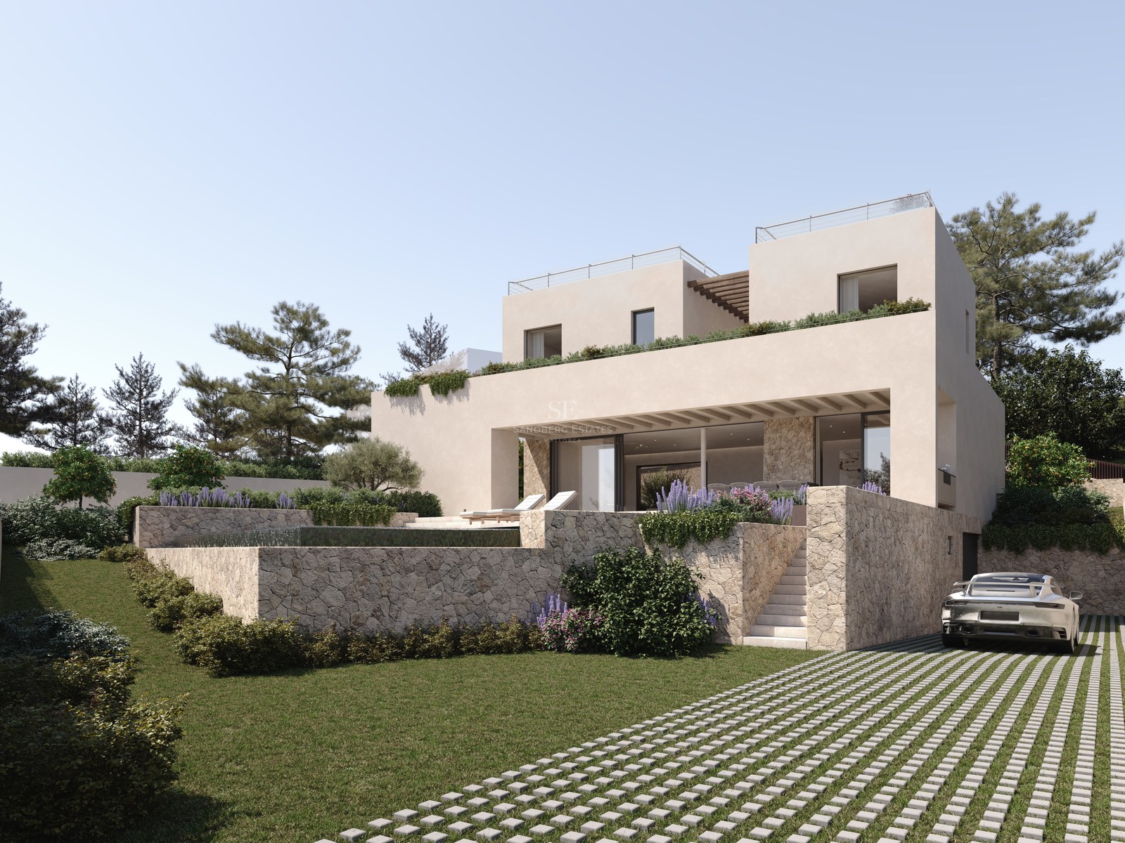 Villa moderne à deux étages avec murs en pierre naturelle, jardin paysager et voiture de luxe dans l'allée.