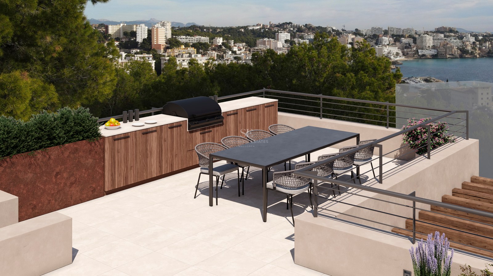 Toit-terrasse moderne avec cuisine extérieure, table pour huit et vue panoramique sur la côte.