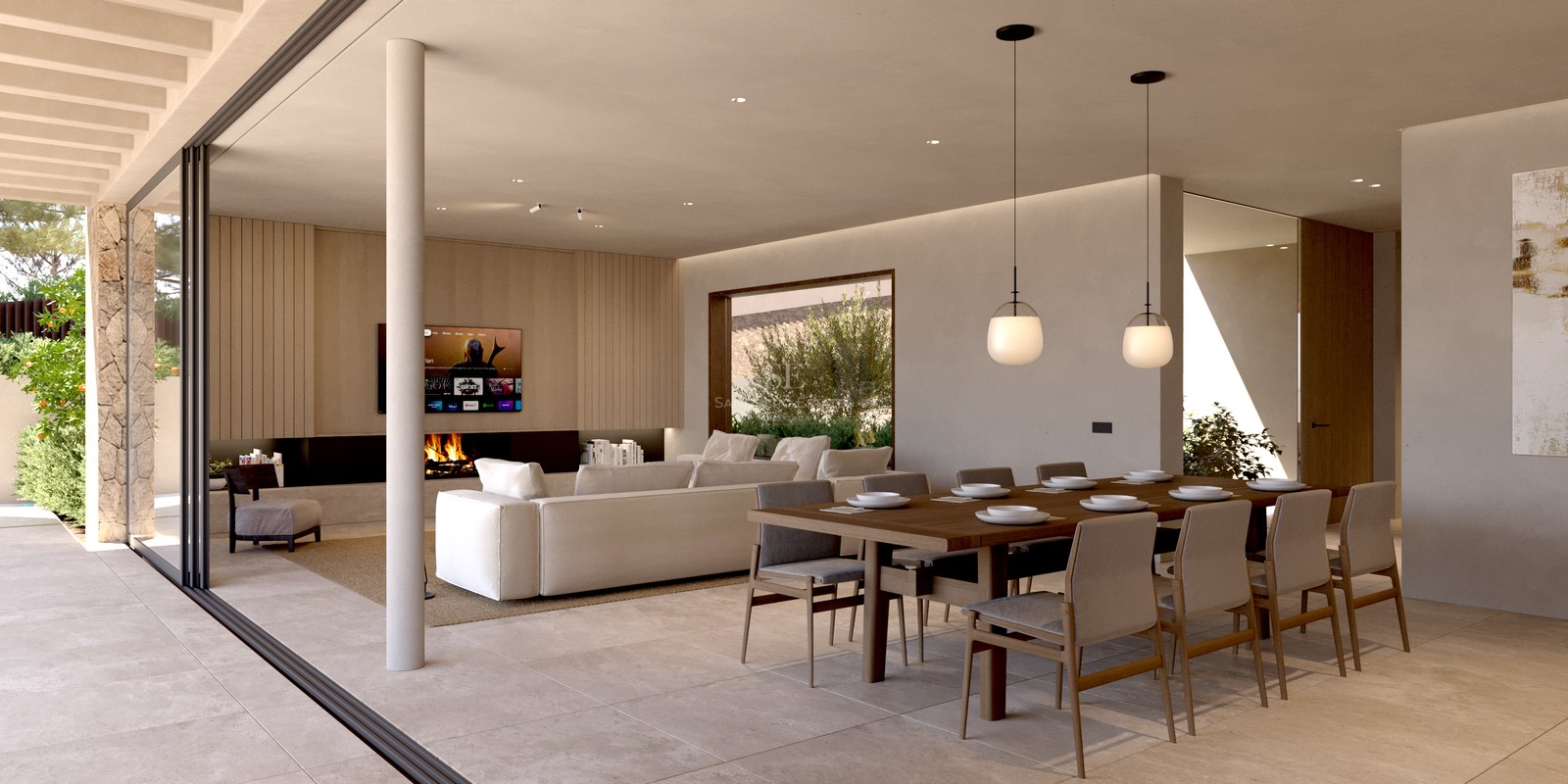 Pièce moderne à aire ouverte avec grande table à manger, canapé blanc, cheminée et baies vitrées du sol au plafond.