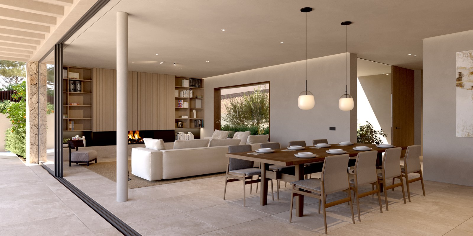 Salon et salle à manger modernes avec sol en pierre naturelle, grandes baies vitrées et cheminée intégrée.