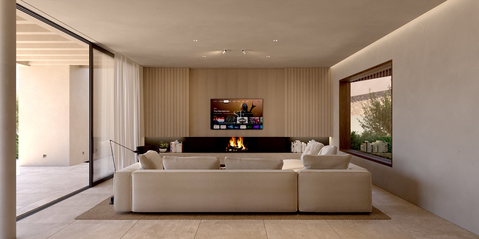 Vaste salon avec canapé d'angle beige, cheminée linéaire et mur TV orné de panneaux de bois clair.