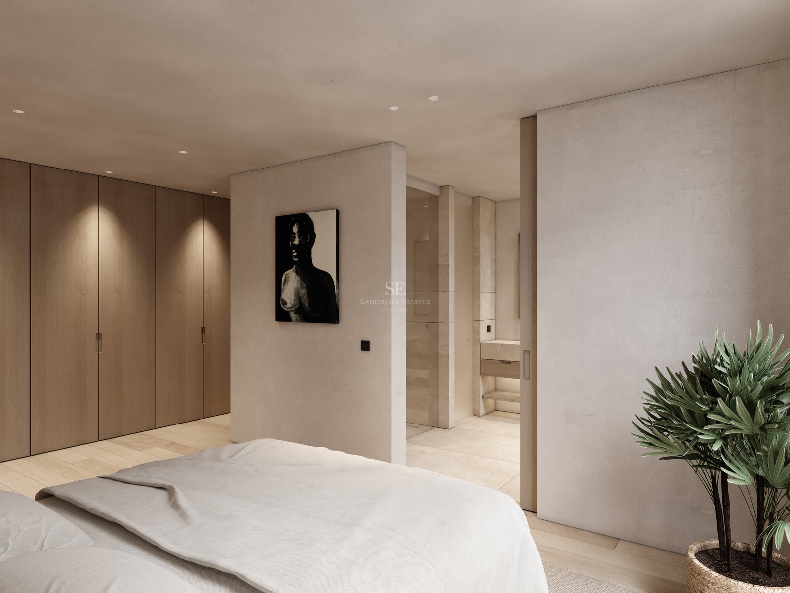 Chambre moderne avec placards en bois, murs beiges et vue sur une salle de bain privée aux finitions en pierre.