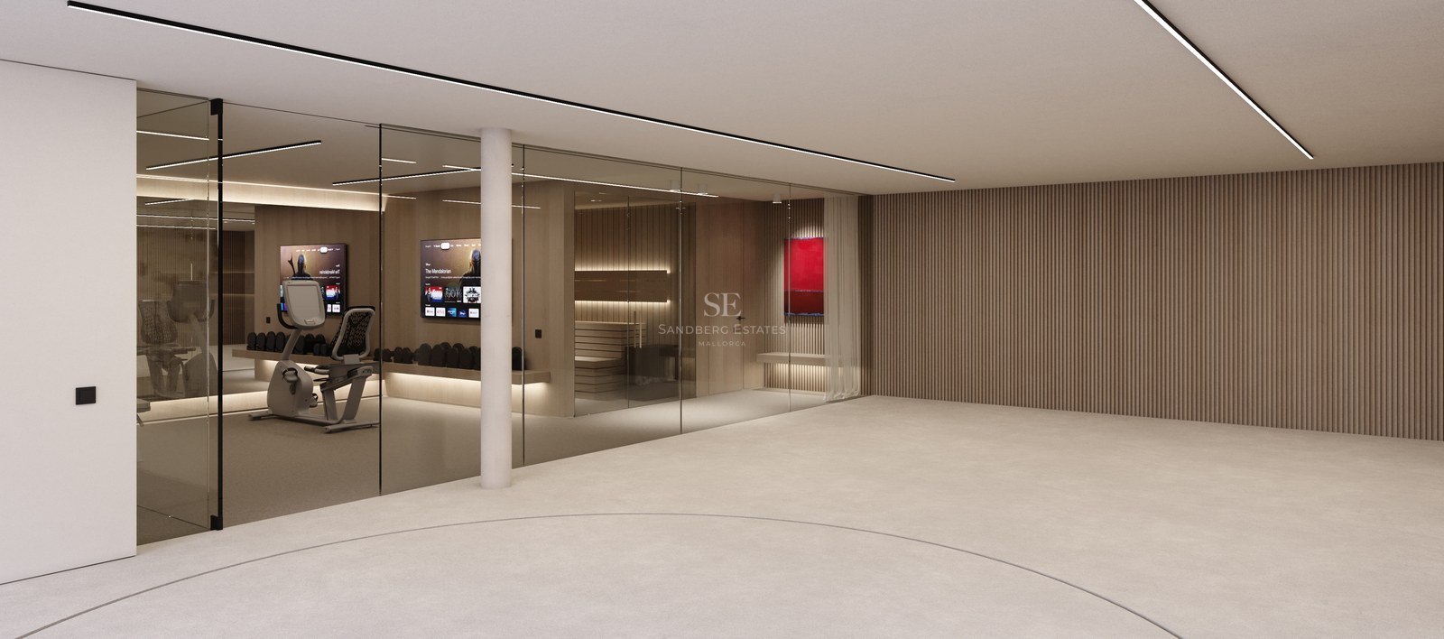 Espace fitness moderne avec cloisons en verre, boiseries claires et équipements de sport professionnels.