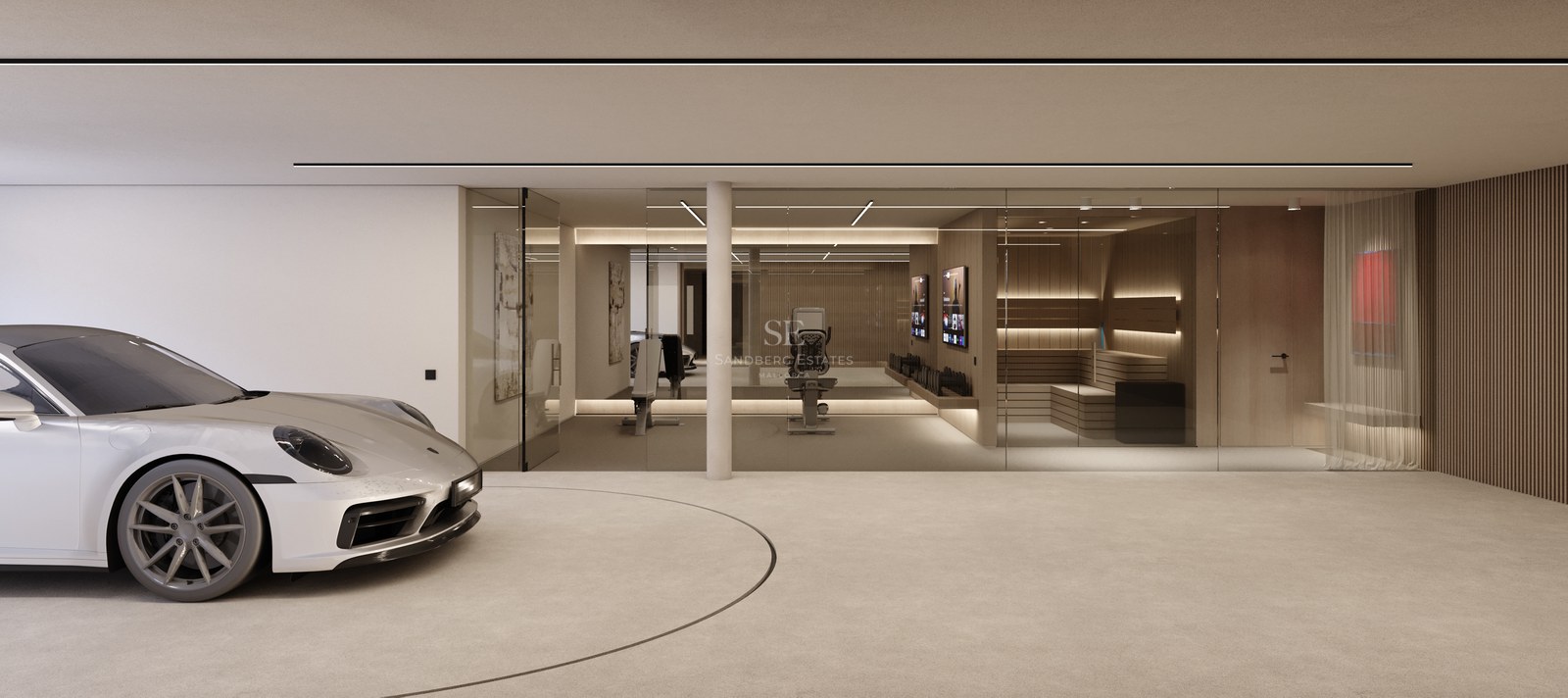Voiture de sport argentée sur plateforme tournante dans un garage minimaliste avec salle de sport et sauna vitrés.