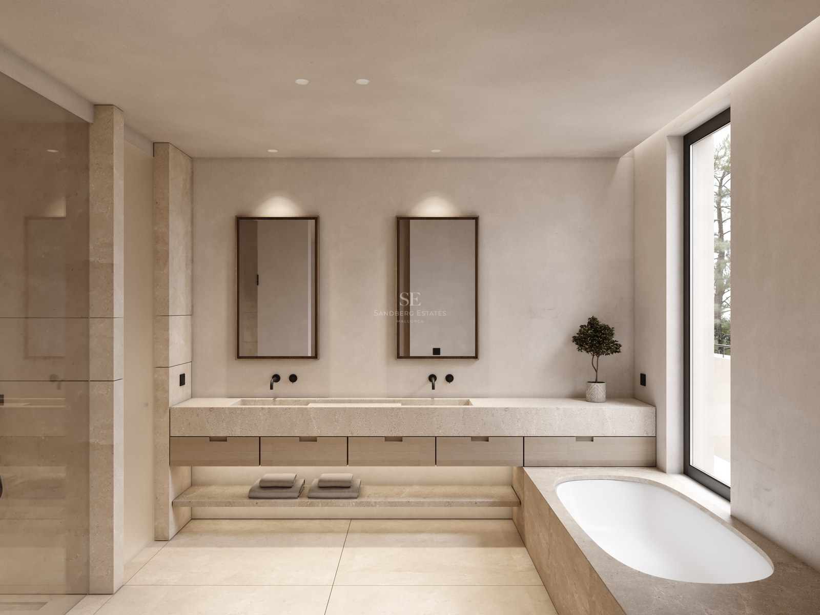 Salle de bain de luxe avec double vasque en pierre, baignoire intégrée et grande fenêtre lumineuse.