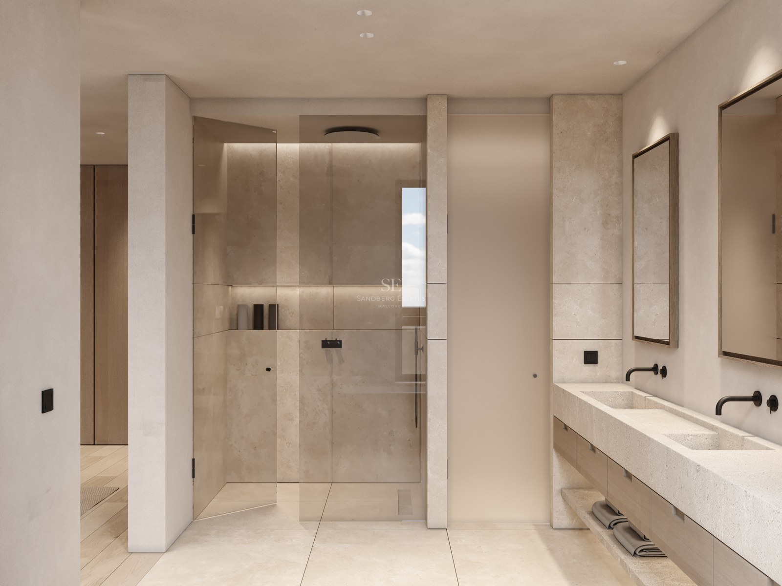 Salle de bain contemporaine avec douche à l'italienne, double vasque en pierre et robinetterie noir mat.