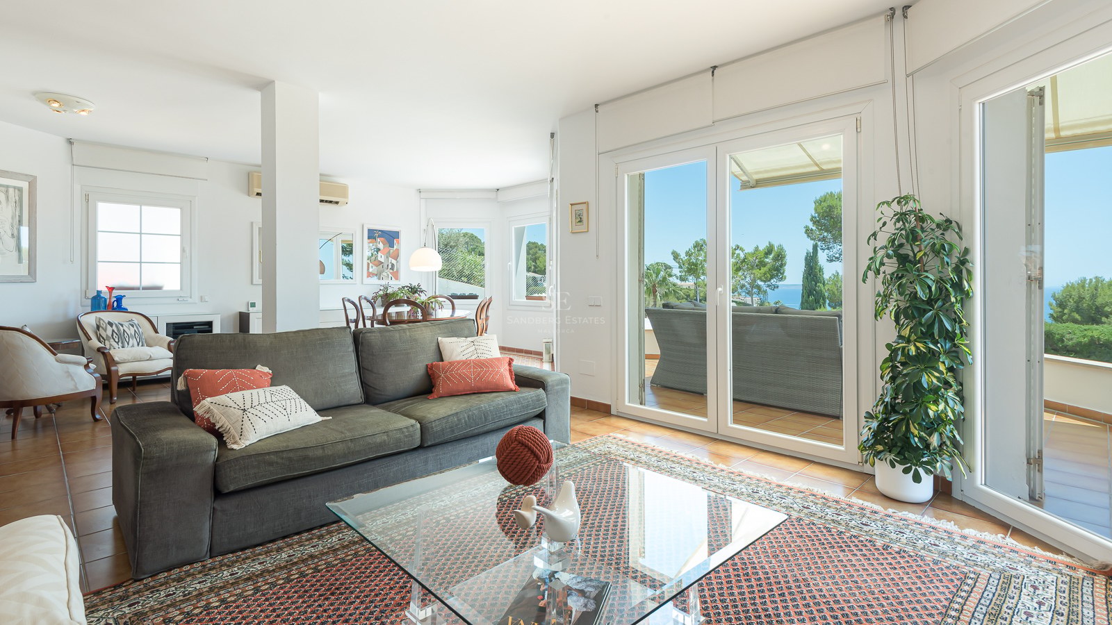 Salon spacieux avec canapé vert, tapis oriental et baies vitrées s'ouvrant sur une terrasse avec vue sur la mer.