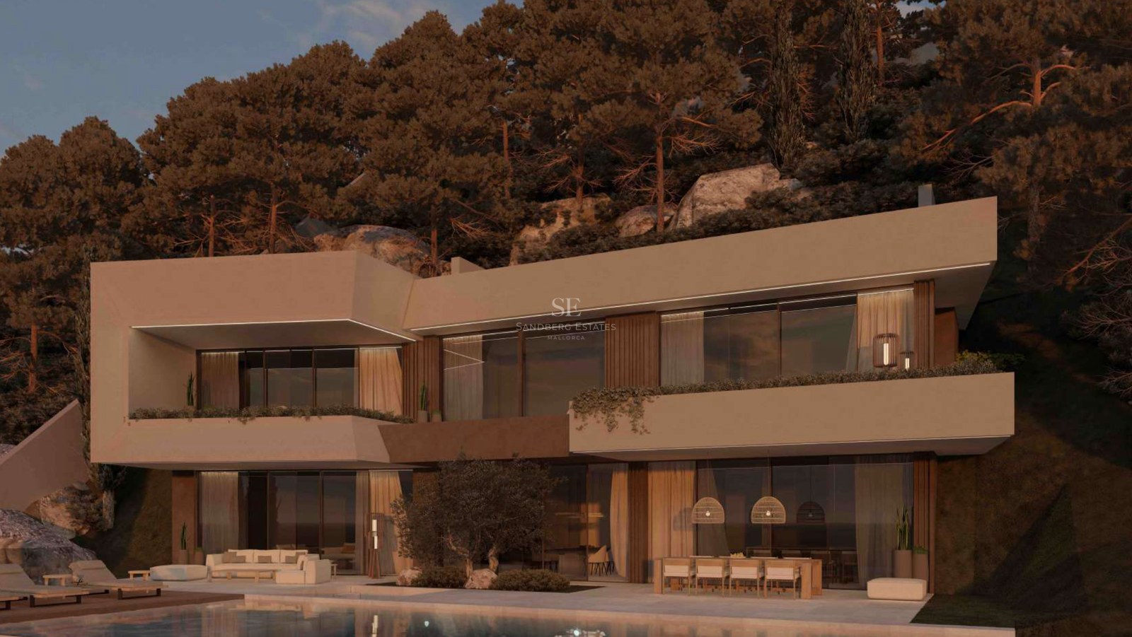 Vista crepuscular de una villa contemporánea de dos niveles con grandes ventanales, iluminación LED y piscina.