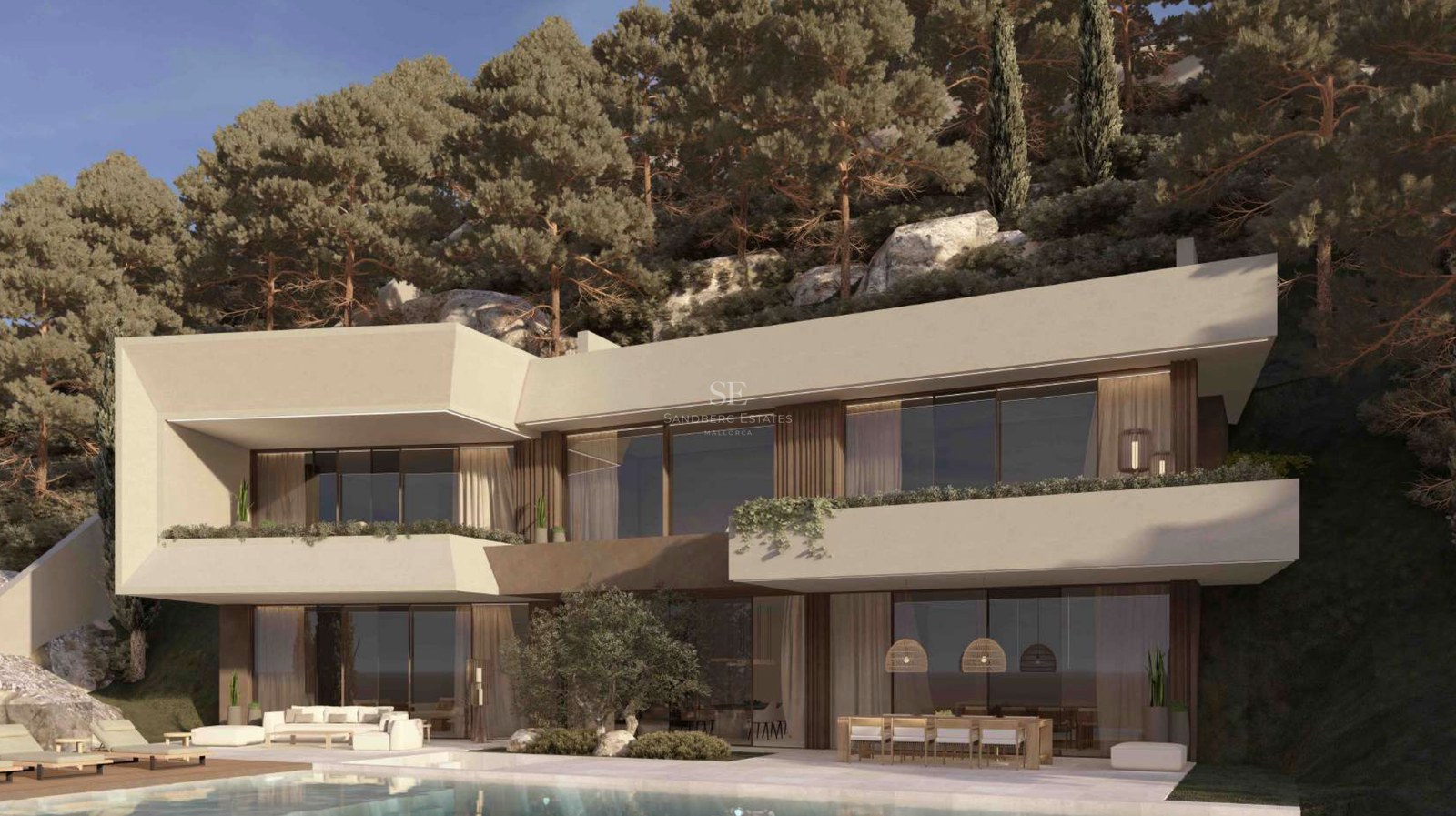 Moderna villa de dos plantas con fachada blanca, grandes ventanales, zona de comedor exterior y piscina al atardecer.