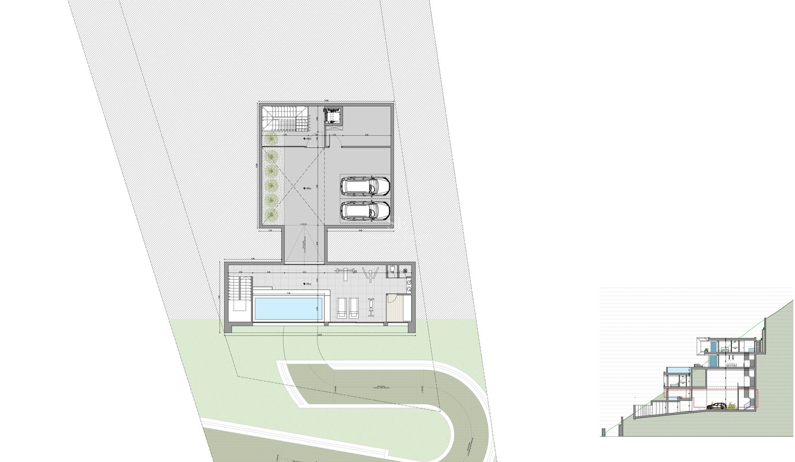 Plano técnico y sección vertical de una villa de lujo multinivel con garaje y zona de bienestar.