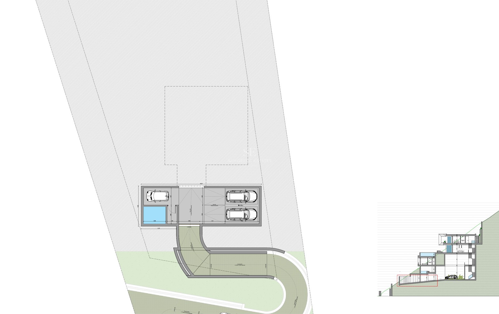 Dibujo técnico de una villa de lujo en ladera que muestra la sección multinivel y el acceso al garaje.