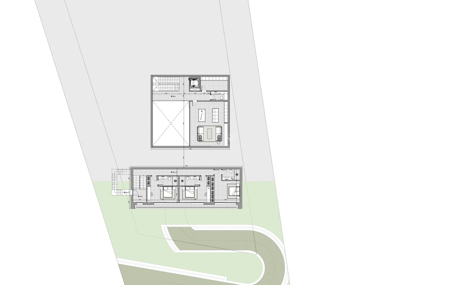 Dibujo arquitectónico técnico que muestra la distribución de una villa de dos niveles con dormitorios y ascensor.