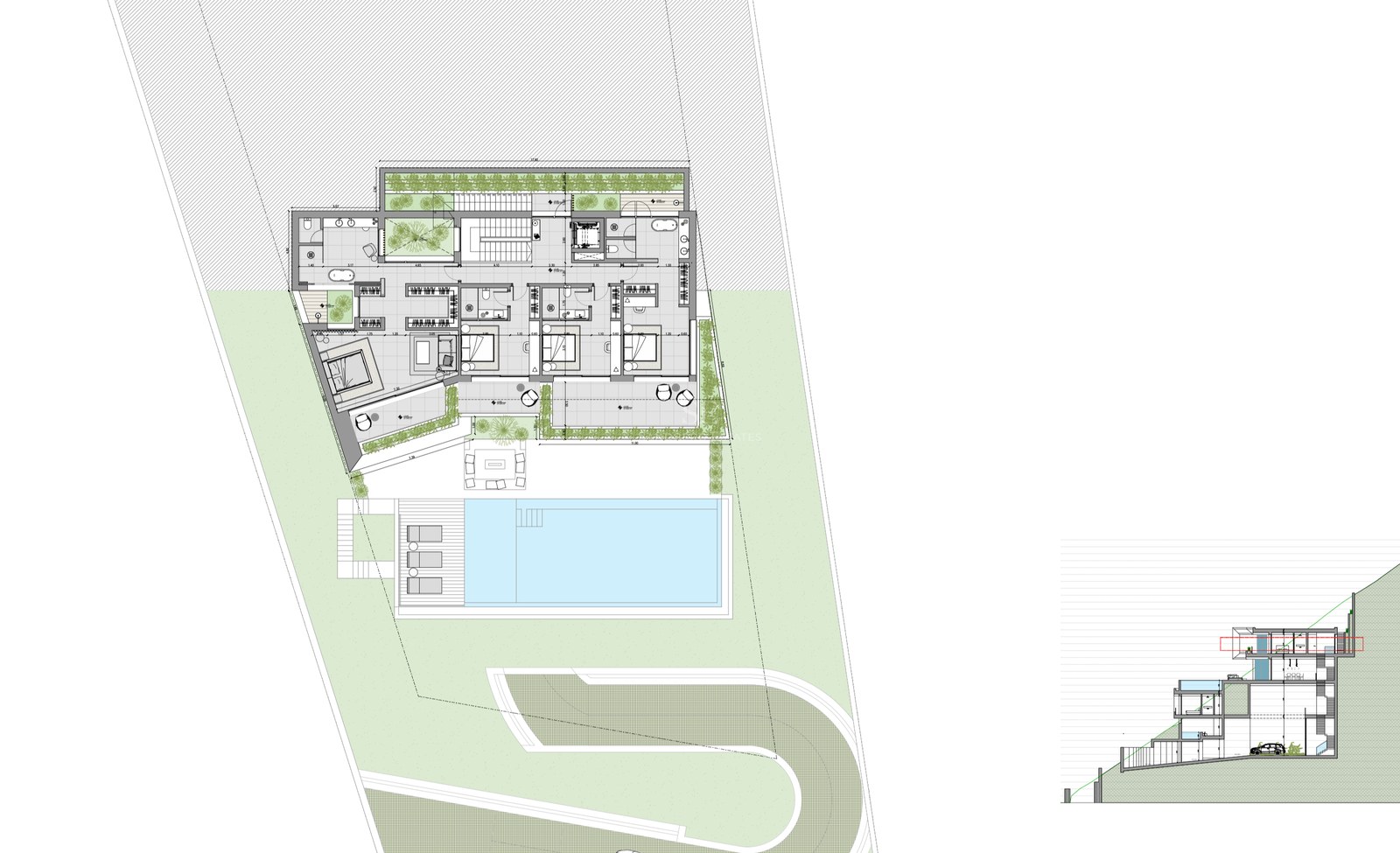 Plano arquitectónico y sección lateral de una villa moderna de varios niveles con piscina infinita y jardines.