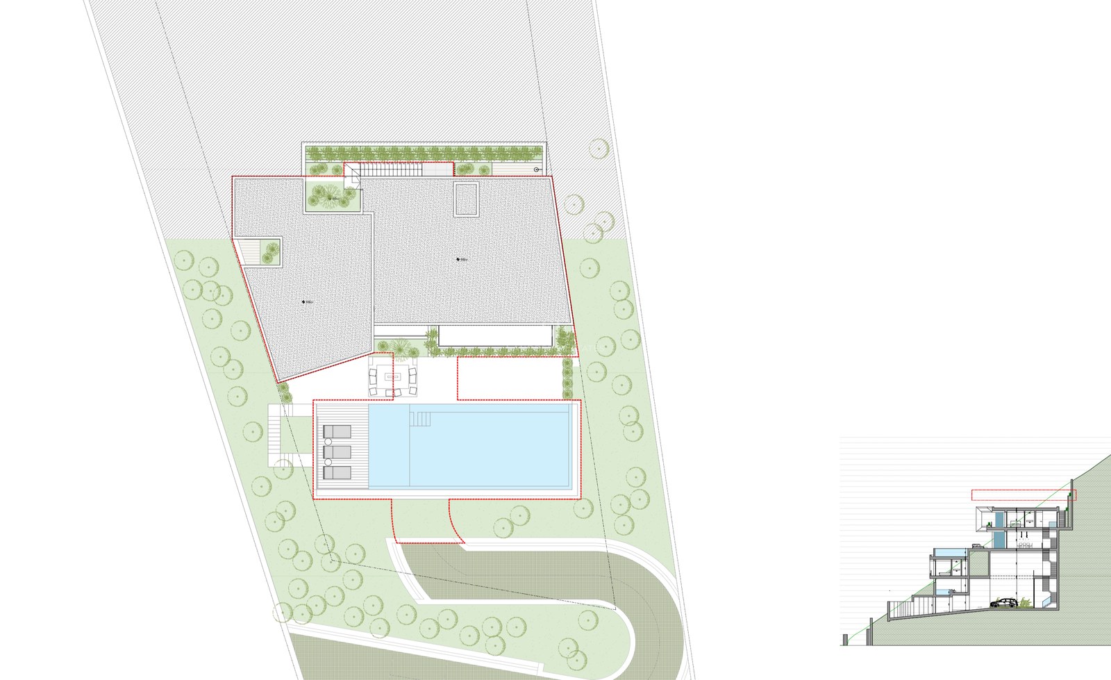 Plano del sitio que muestra la distribución de una villa de lujo con piscina y sección del diseño en pendiente.