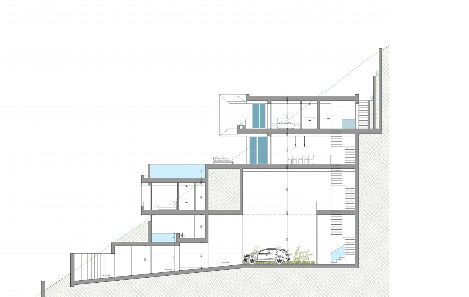 Dibujo técnico de sección transversal que muestra la distribución multinivel de una villa moderna en una colina.