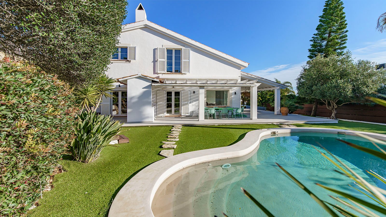Vue arrière d'une villa blanche avec piscine turquoise, pelouse verdoyante et terrasse ombragée sous un ciel bleu.