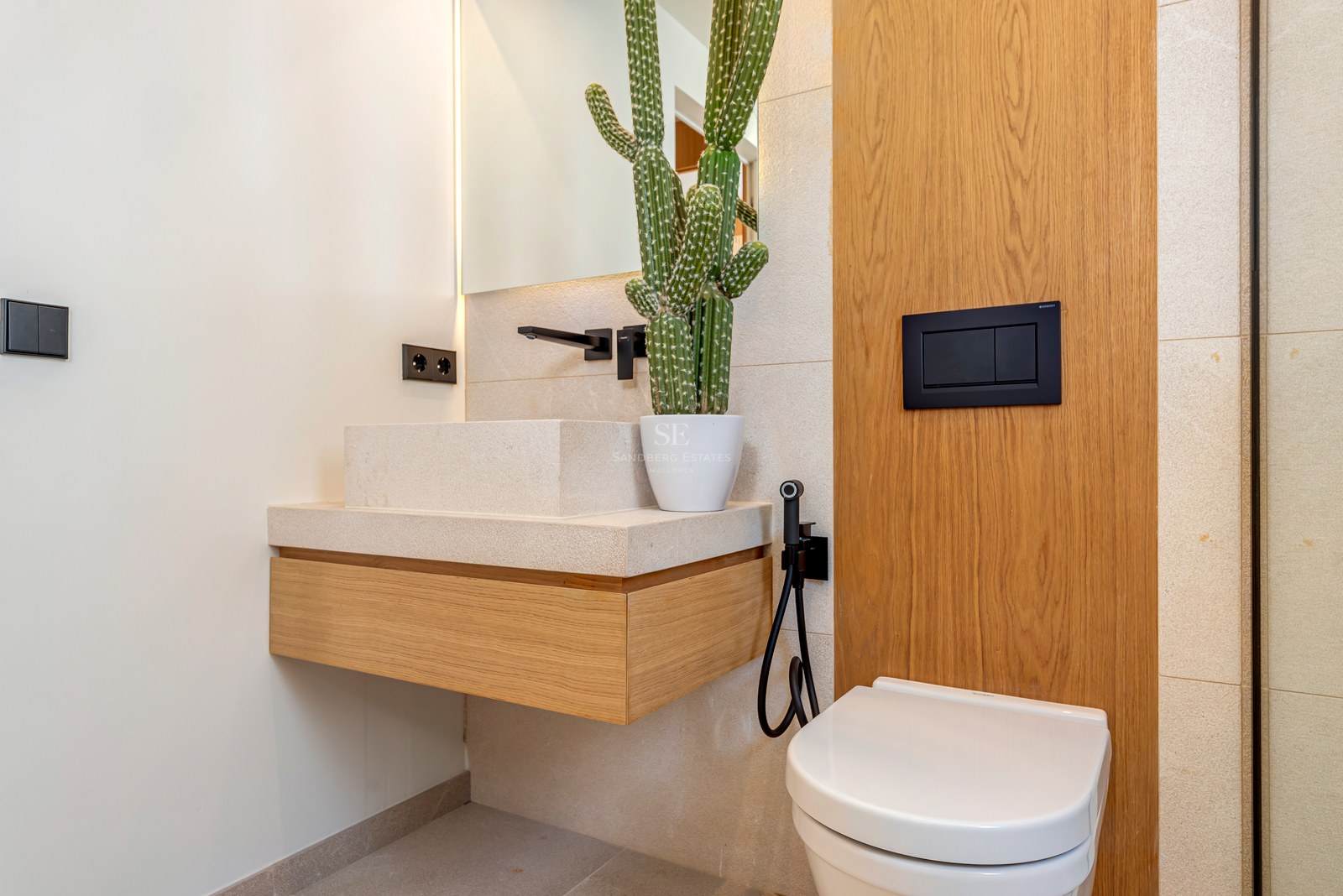 Baño moderno con lavabo de piedra suspendido, mueble de roble, grifería negra mate y cactus decorativo.