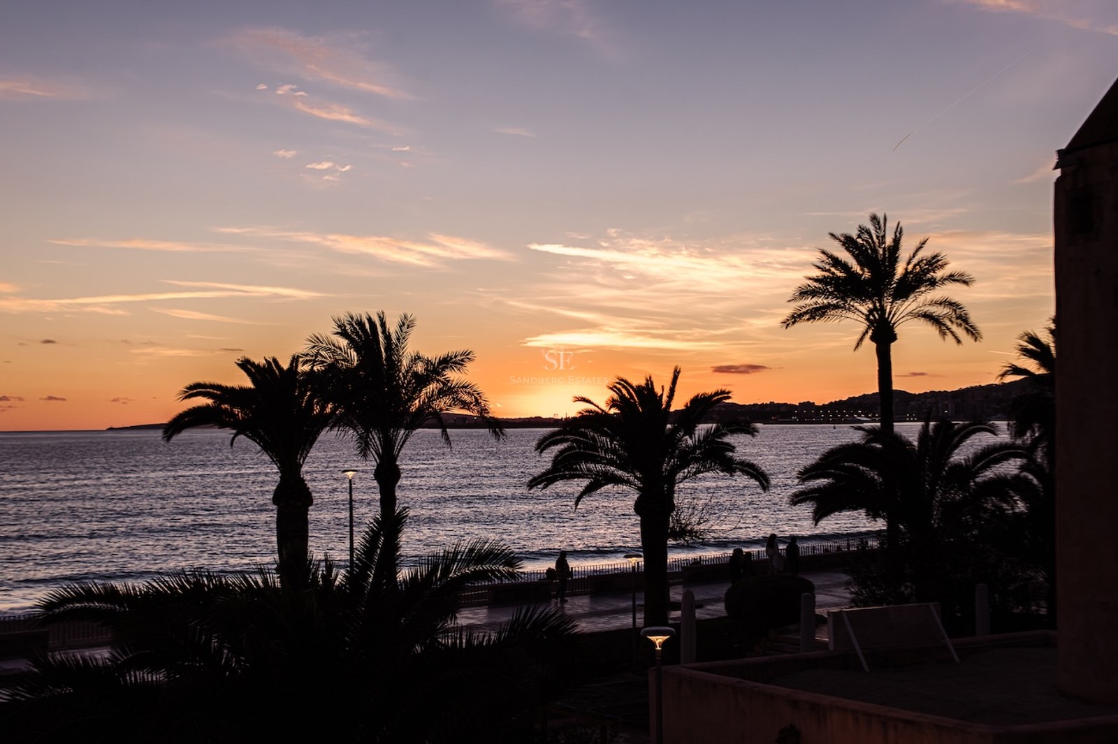 Silhouette of palm trees against an orange and purple sunset over the sea and coastal promenade.